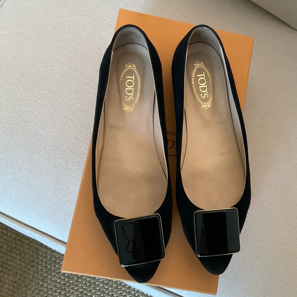 TOD’S FLAT SHOES WITH BUCKLE IN BLACK SUEDE SIZE 37 ITALIAN
